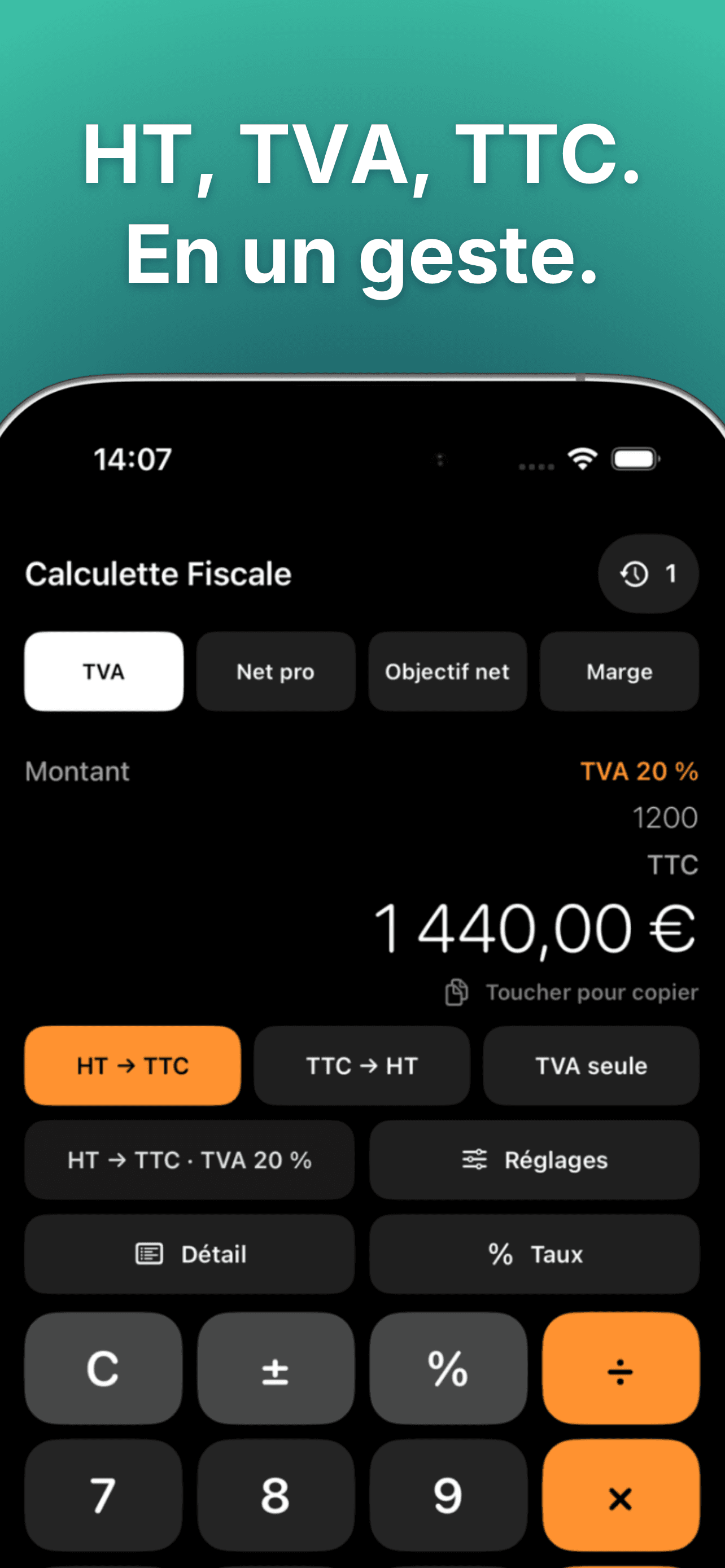 Mode TVA avec lignes HT, TVA et TTC